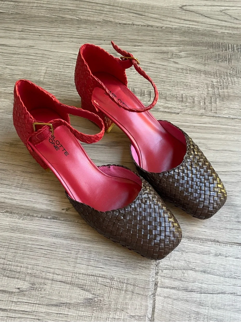 Charlotte Stone Mary Jane Chunky Heel Woven Leather Brown/Red Mod Chic SZ 7
